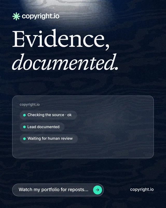 Instagram portrait post for copyright.io: "Evidence, documented." Thermal style, poster layout, dark palette in blue, black, grey.