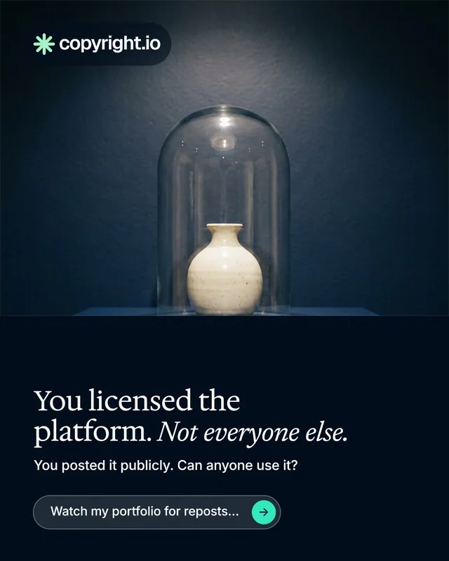 Instagram portrait post for copyright.io: "You licensed the platform. Not everyone else." Agentic glass style, bottom layout, dark palette in blue, black, grey.