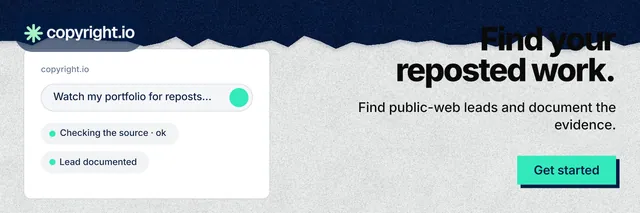 X header for copyright.io: "Find your reposted work." Paper trio style, right layout, light palette in teal, blue, white.