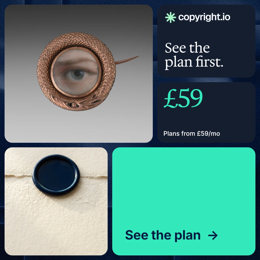 Instagram post for copyright.io: "See the plan first." Agentic glass style, bento layout, light palette in grey, blue, teal.