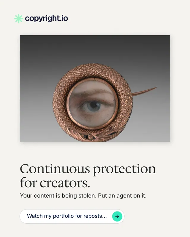 Instagram portrait post for copyright.io: "Continuous protection for creators." Agentic glass style, bottom layout, light palette in white, grey.