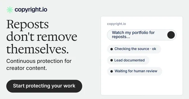 Social ad for copyright.io: "Reposts don't remove themselves." Data card style, bottom layout, light palette in white, grey.
