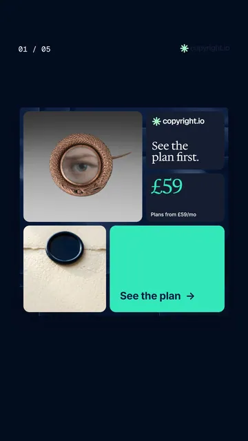Video for copyright.io. Ad flipbook, 7.5 s, dark palette.