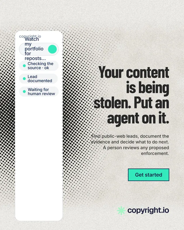 Instagram portrait post for copyright.io: "Your content is being stolen. Put an agent on it." Ink sticker style, right layout, light palette in white, grey.