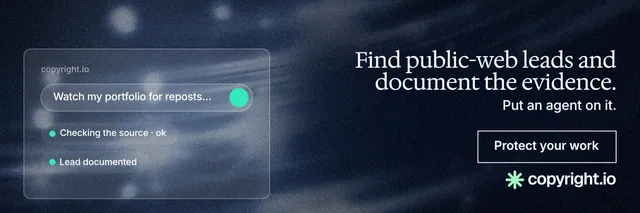 X header for copyright.io: "Find public-web leads and document the evidence." Dark deco style, right layout, dark palette in blue, grey, black.