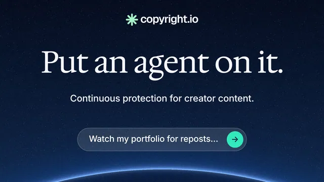 Landscape graphic for copyright.io: "Put an agent on it." Agentic glass style, centred layout, dark palette in blue, black.