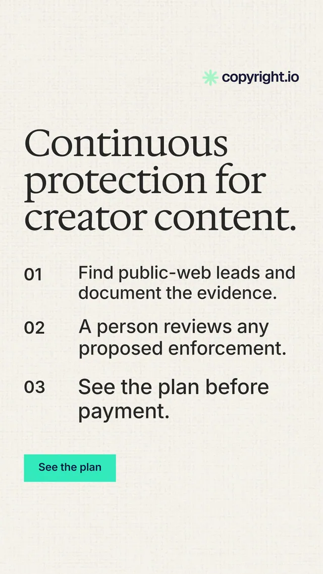 Instagram story for copyright.io: "Continuous protection for creator content." Swiss style, numbered layout, light palette in white, grey, green.