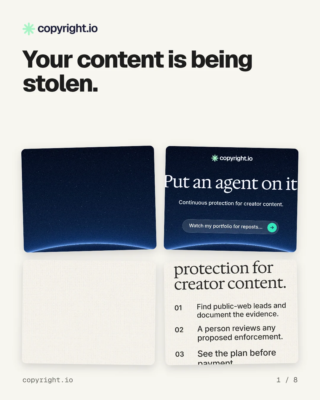 Carousel for copyright.io: "Your content is being stolen.". Collection carousel, 8 slides, light palette.