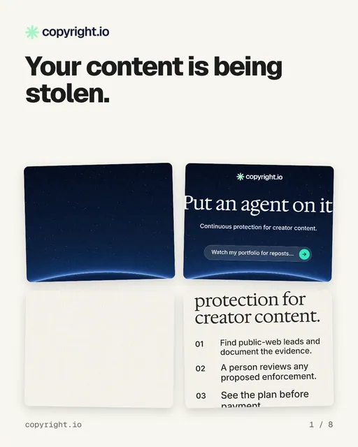 Carousel for copyright.io: "Your content is being stolen.". Collection carousel, 8 slides, light palette.