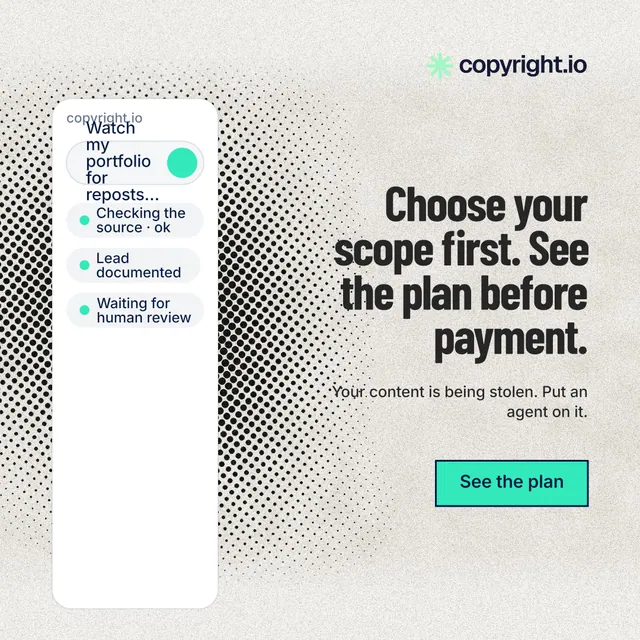 Instagram post for copyright.io: "Choose your scope first. See the plan before payment." Ink sticker style, right layout, light palette in white, grey.