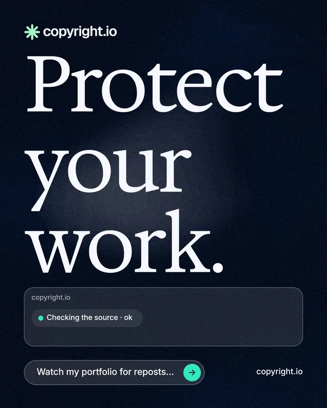 Instagram portrait post for copyright.io: "Protect your work." Thermal style, poster layout, dark palette in black, blue, grey.