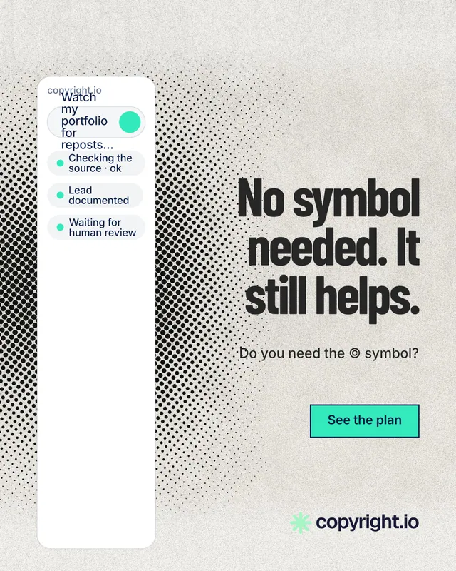 Instagram portrait post for copyright.io: "No symbol needed. It still helps." Ink sticker style, right layout, light palette in white, grey.