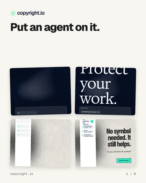 Carousel for copyright.io: "Put an agent on it.". Collection carousel, 8 slides, light palette.