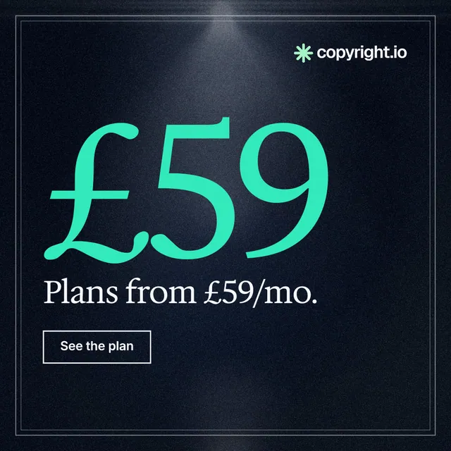 Instagram post for copyright.io: "See the plan first." Dark deco style, stat layout, dark palette in black, blue, teal.