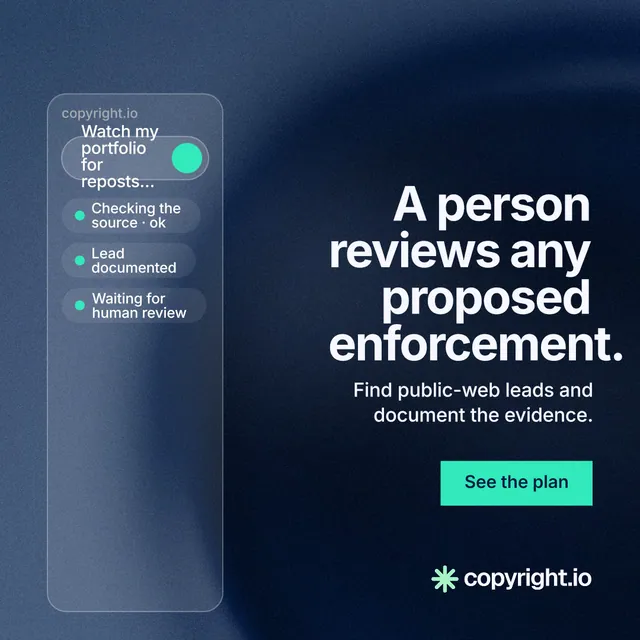 Instagram post for copyright.io: "A person reviews any proposed enforcement." Swiss style, right layout, dark palette in blue, black, grey.