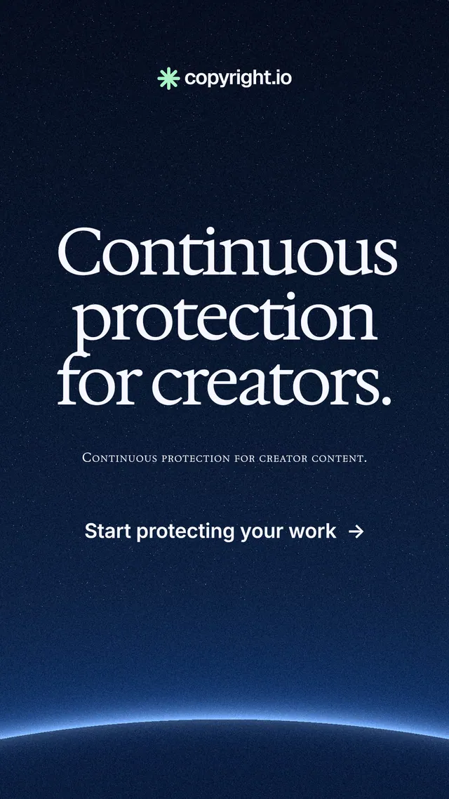 Instagram story for copyright.io: "Continuous protection for creators." Swiss style, smallcaps layout, dark palette in blue, black.