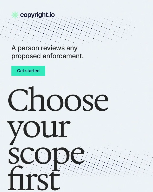 Instagram portrait post for copyright.io: "Choose your scope first." Swiss style, oversized layout, light palette in white, grey.