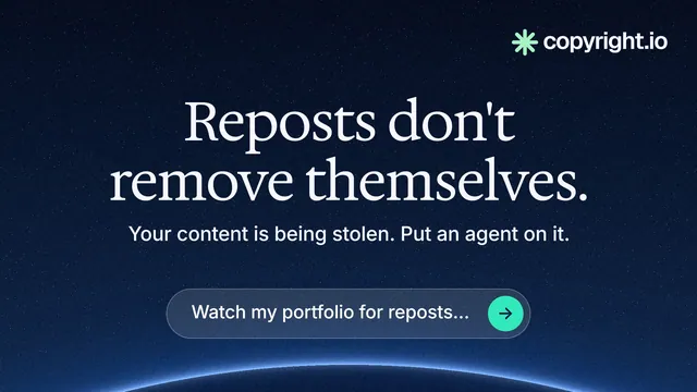 Landscape graphic for copyright.io: "Reposts don't remove themselves." Agentic glass style, centred layout, dark palette in blue, black.