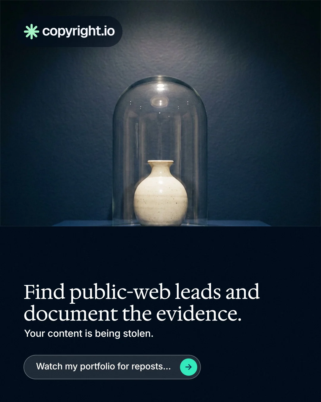 Instagram portrait post for copyright.io: "Find public-web leads and document the evidence." Agentic glass style, bottom layout, dark palette in blue, black, grey.