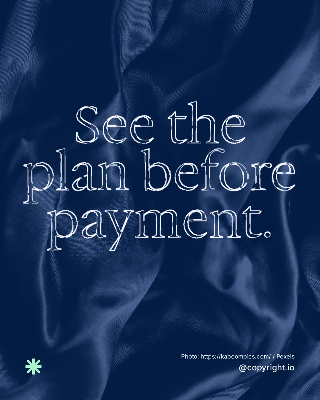 Instagram portrait post for copyright.io: "See the plan before payment." Scribble style, technique:raster type fx layout, dark palette in blue.