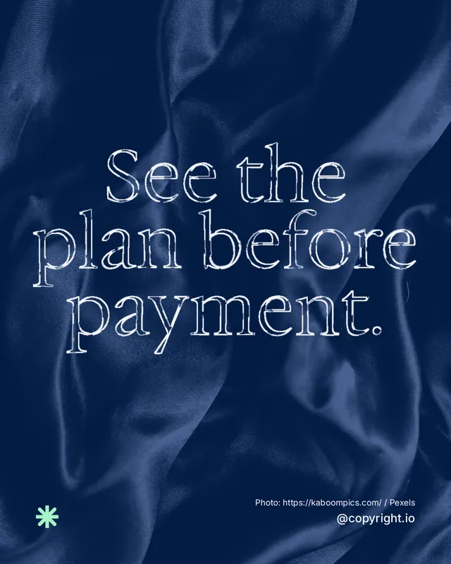 Instagram portrait post for copyright.io: "See the plan before payment." Scribble style, technique:raster type fx layout, dark palette in blue.