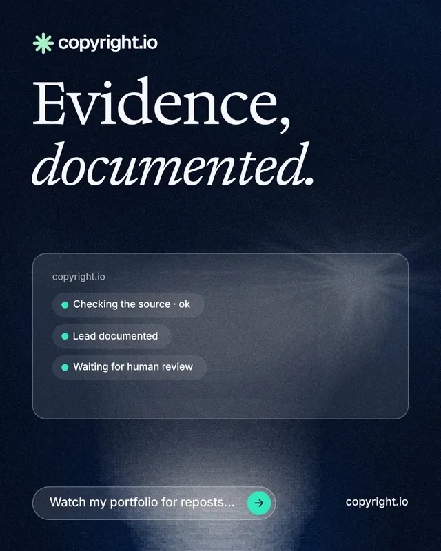 Instagram portrait post for copyright.io: "Evidence, documented." Thermal style, poster layout, dark palette in blue, grey, black.