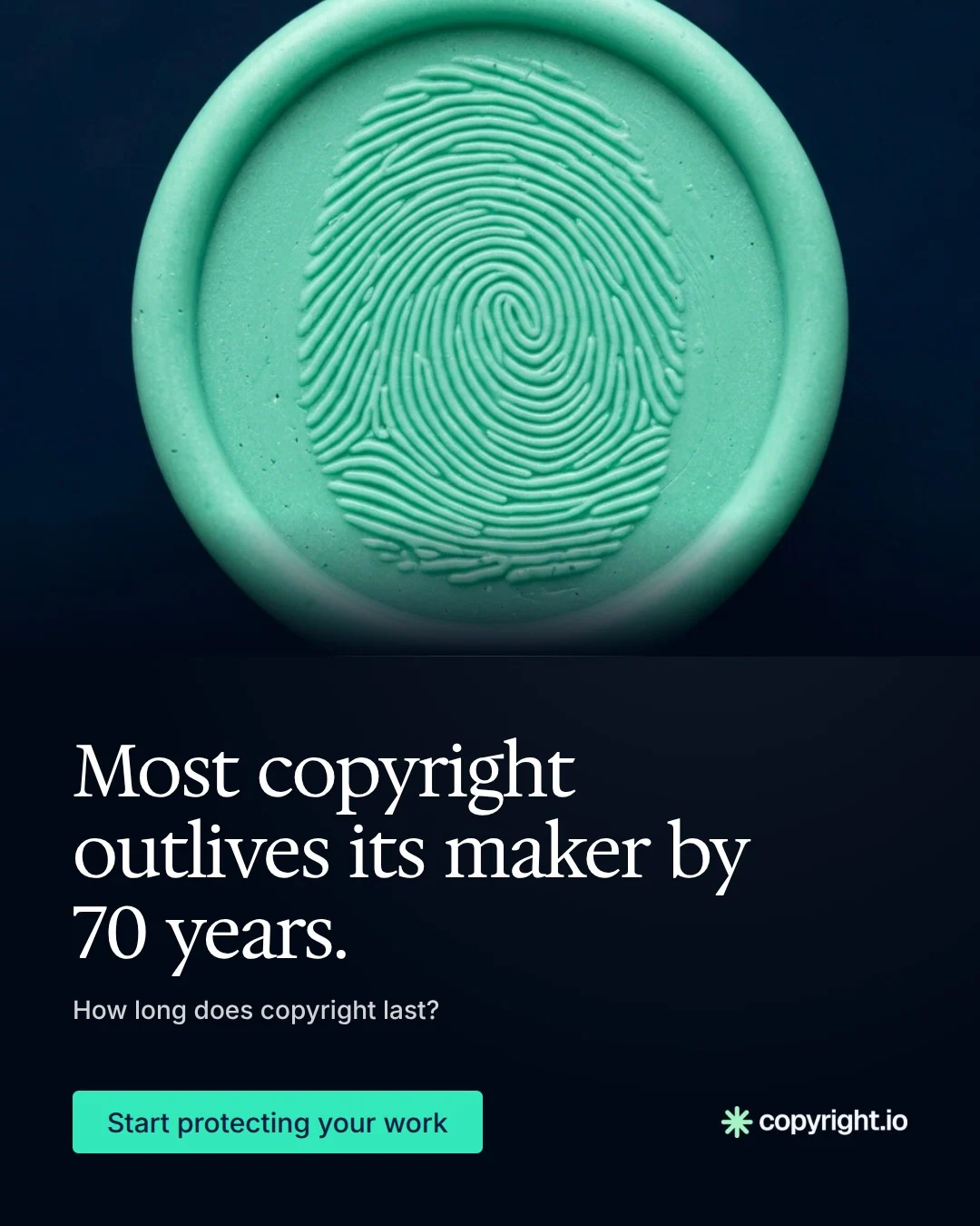 Video for copyright.io: "Most copyright outlives its maker by 70 years.". Doc motion loop, 6.0 s, dark palette.