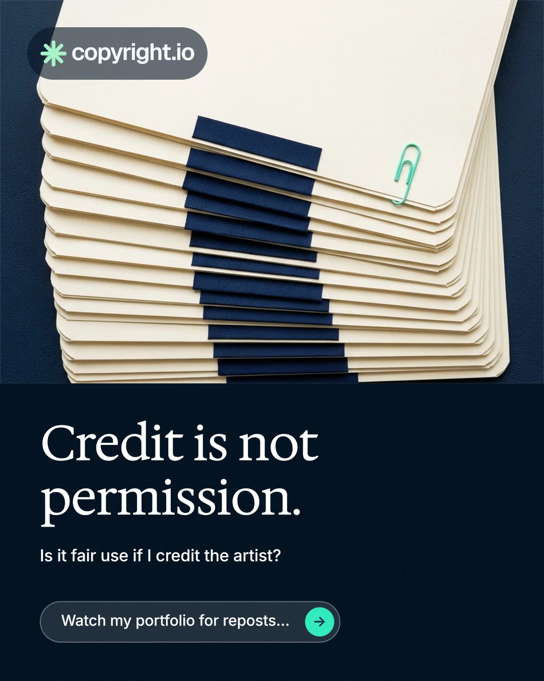 Instagram portrait post for copyright.io: "Credit is not permission." Agentic glass style, bottom layout, dark palette in yellow, black, blue.