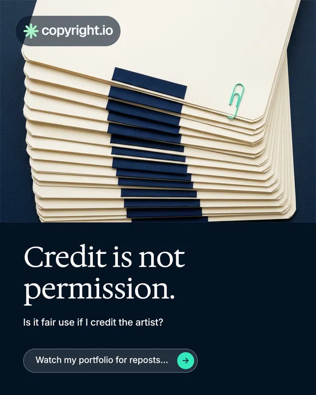 Instagram portrait post for copyright.io: "Credit is not permission." Agentic glass style, bottom layout, dark palette in yellow, black, blue.