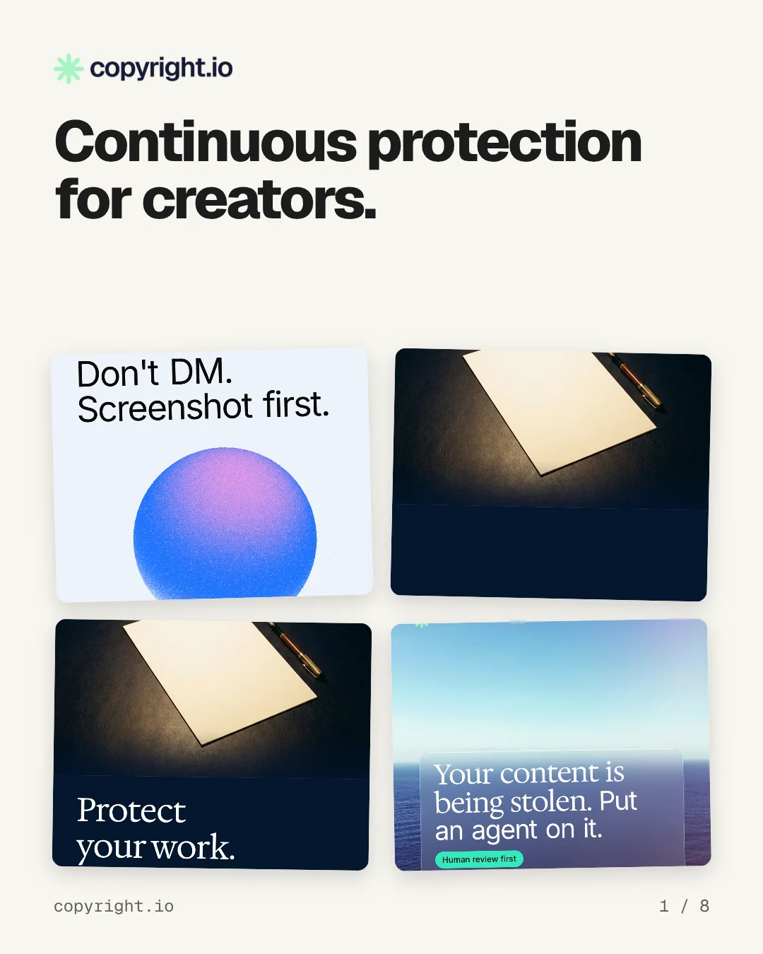 Carousel for copyright.io: "Continuous protection for creators.". Collection carousel, 8 slides, light palette.