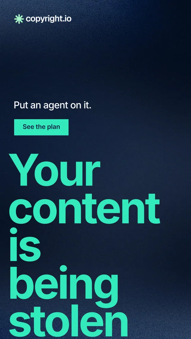 Instagram story for copyright.io: "Your content is being stolen." Swiss style, oversized layout, dark palette in blue, black, teal.