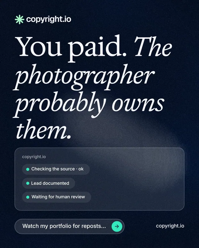 Instagram portrait post for copyright.io: "You paid. The photographer probably owns them." Thermal style, poster layout, dark palette in blue, black, grey.