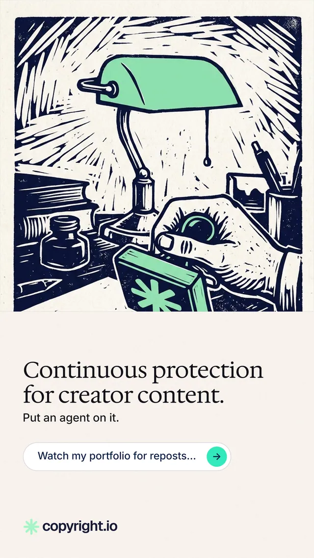 Instagram story for copyright.io: "Continuous protection for creator content." Agentic glass style, bottom layout, light palette in white, grey.