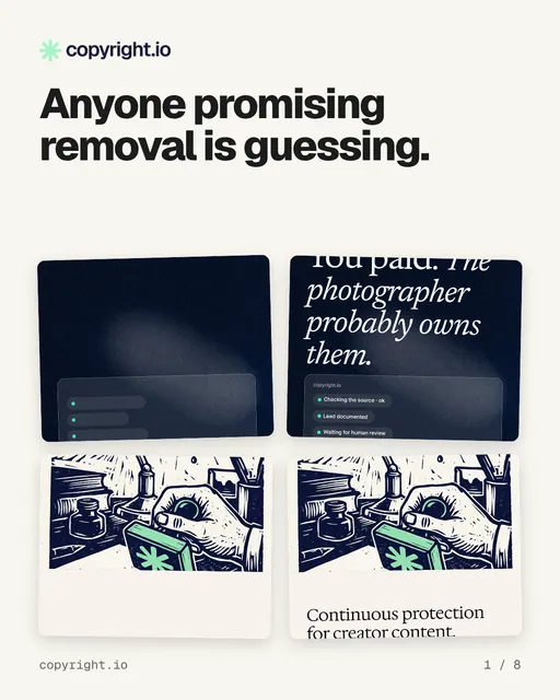 Carousel for copyright.io: "Anyone promising removal is guessing.". Collection carousel, 8 slides, light palette.