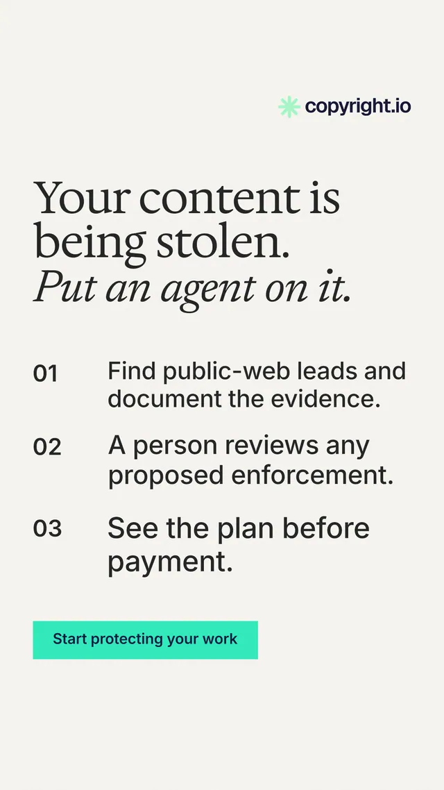Instagram story for copyright.io: "Your content is being stolen. Put an agent on it." Swiss style, numbered layout, light palette in white, grey.