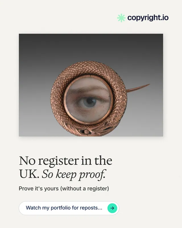 Instagram portrait post for copyright.io: "No register in the UK. So keep proof." Agentic glass style, bottom layout, light palette in white, grey.