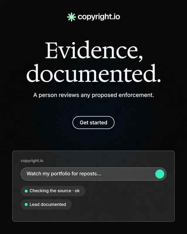 Instagram portrait post for copyright.io: "Evidence, documented." Phosphor atlas style, centred layout, dark palette in black, grey.