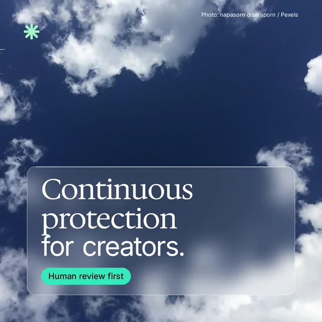 Instagram post for copyright.io: "Continuous protection for creators." Glass style, technique:pexels ingredient layout, dark palette in grey, blue.