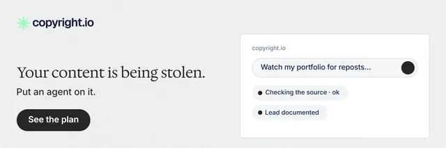 X header for copyright.io: "Your content is being stolen." Data card style, bottom layout, light palette in white, grey.