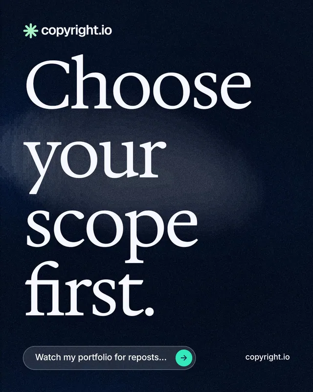 Instagram portrait post for copyright.io: "Choose your scope first." Thermal style, poster layout, dark palette in black, blue, grey.