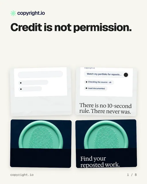 Carousel for copyright.io: "Credit is not permission.". Collection carousel, 8 slides, light palette.