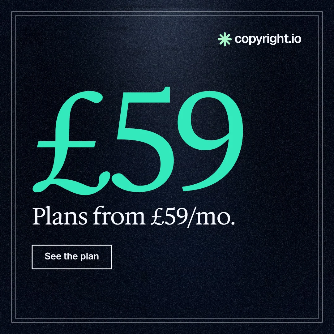Instagram post for copyright.io: "Your content is being stolen. Put an agent on it." Dark deco style, stat layout, dark palette in black, teal.