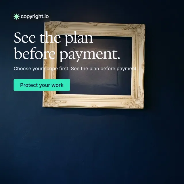 Video for copyright.io: "See the plan before payment.". Doc motion loop, 8.0 s, dark palette.
