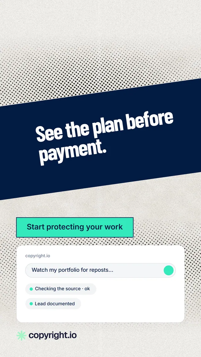 Instagram story for copyright.io: "See the plan before payment." Ink sticker style, diagonal layout, light palette in white, blue, grey.