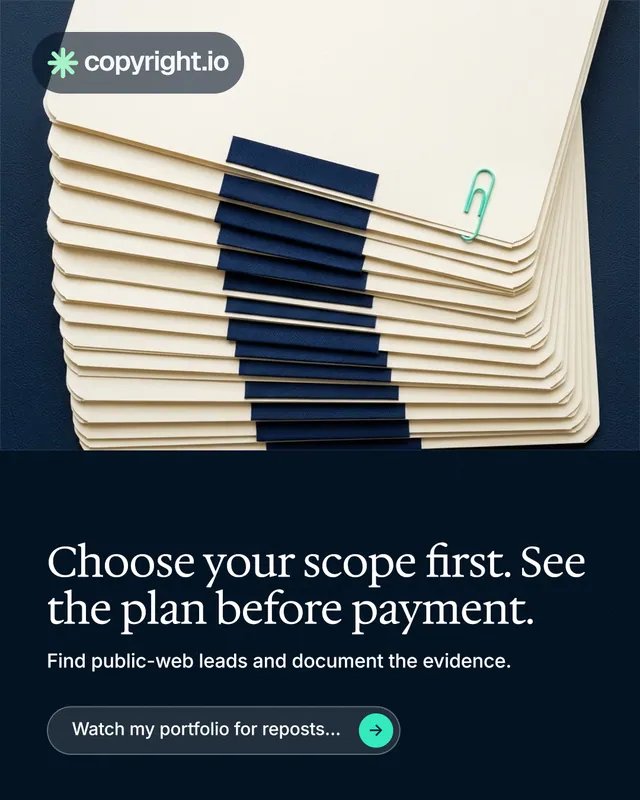 Instagram portrait post for copyright.io: "Choose your scope first. See the plan before payment." Agentic glass style, bottom layout, dark palette in yellow, black, blue.