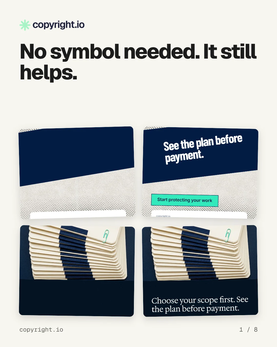 Carousel for copyright.io: "No symbol needed. It still helps.". Collection carousel, 8 slides, light palette.