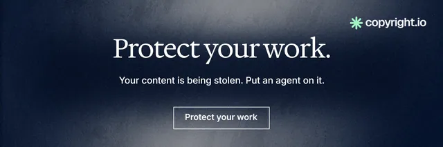 X header for copyright.io: "Protect your work." Cyanotype style, centred layout, dark palette in grey, blue, black.