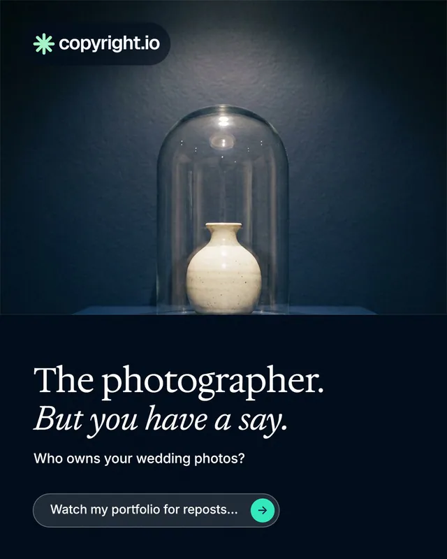 Instagram portrait post for copyright.io: "The photographer. But you have a say." Agentic glass style, bottom layout, dark palette in blue, black, grey.