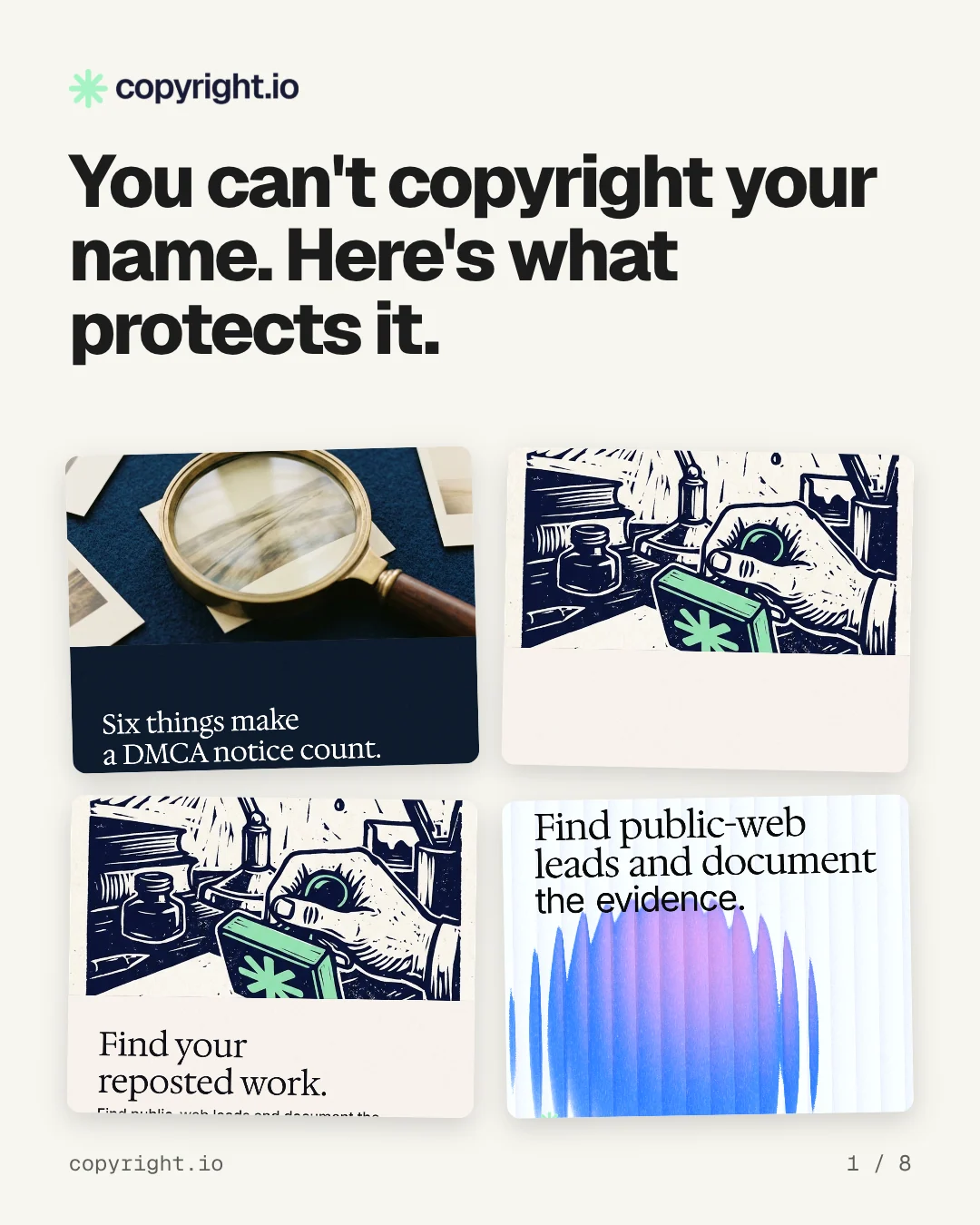 Carousel for copyright.io: "You can't copyright your name. Here's what protects it.". Collection carousel, 8 slides, light palette.