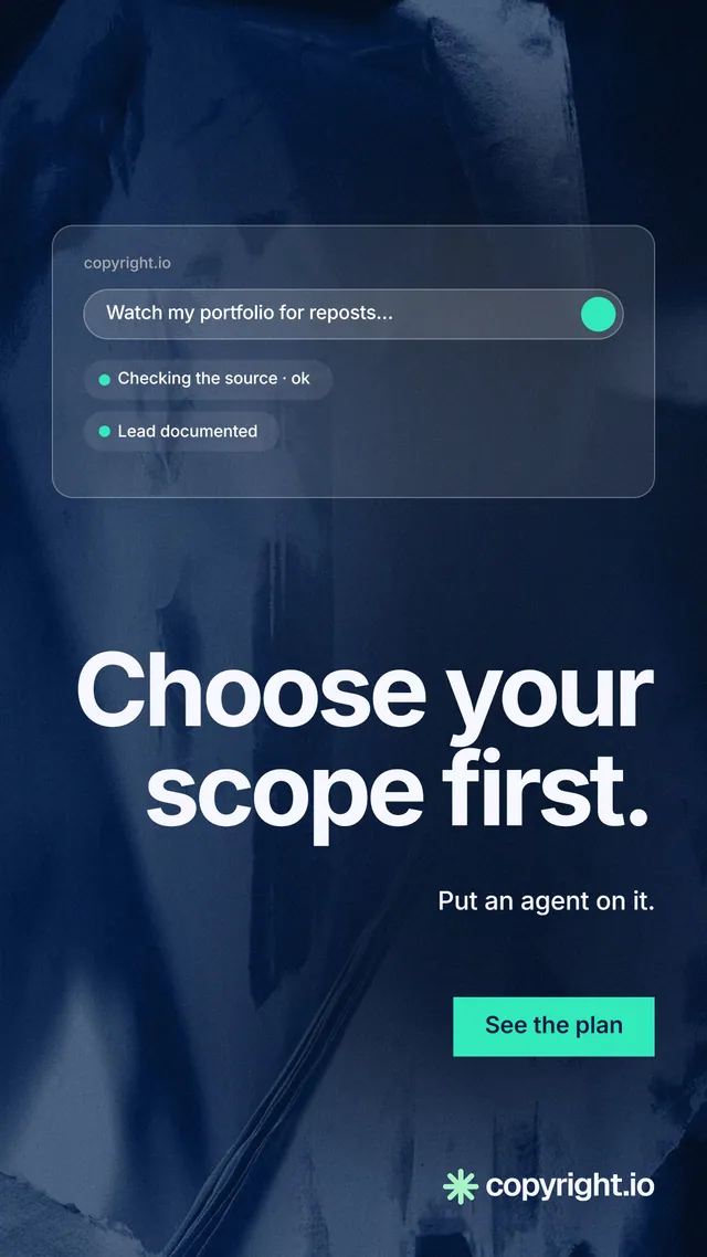 Instagram story for copyright.io: "Choose your scope first." Swiss style, right layout, dark palette in blue, black.